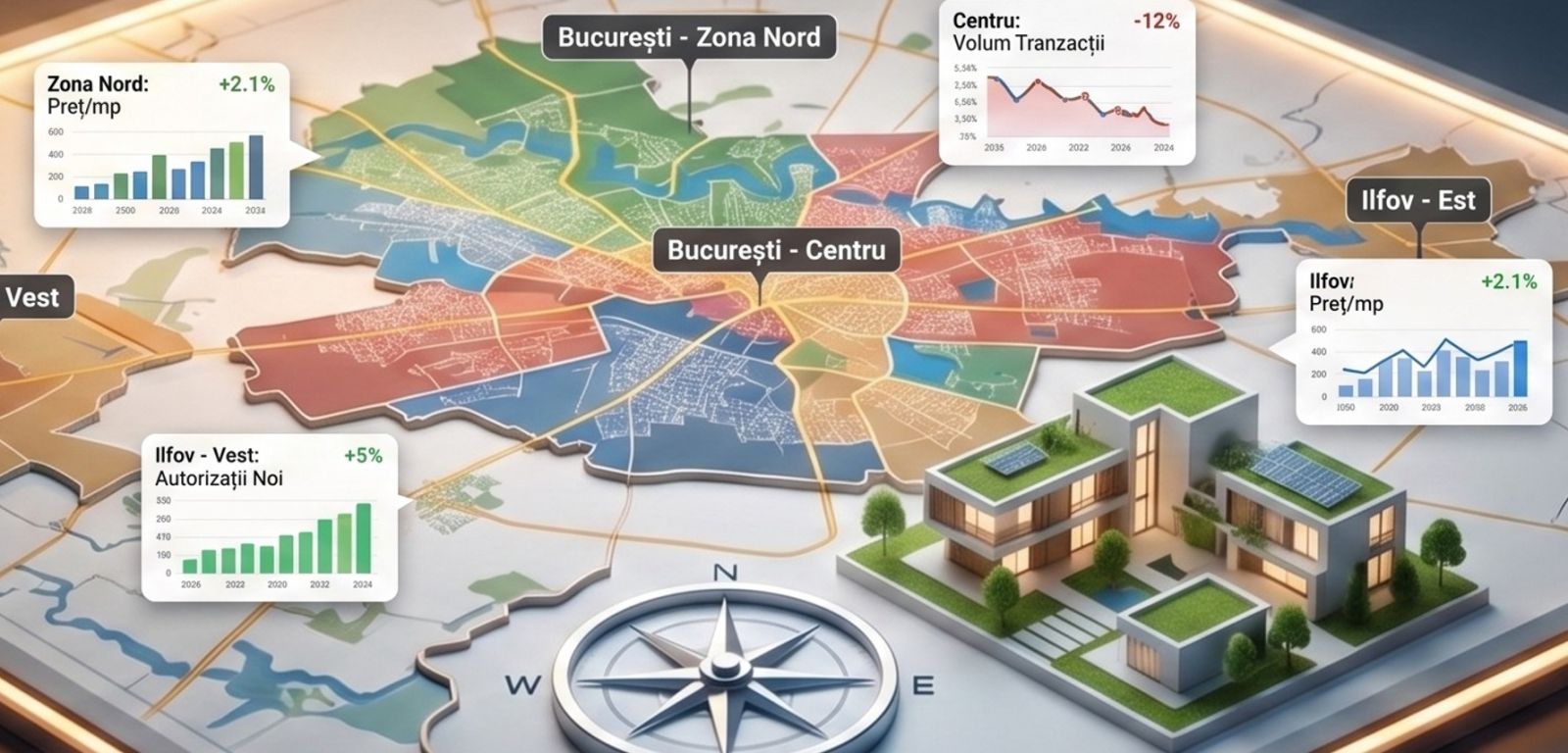 Hartă stilizată a pieței imobiliare din București și Ilfov, cu zone rezidențiale și indicatori privind prețurile, tranzacțiile și dezvoltările noi în T1 2026.