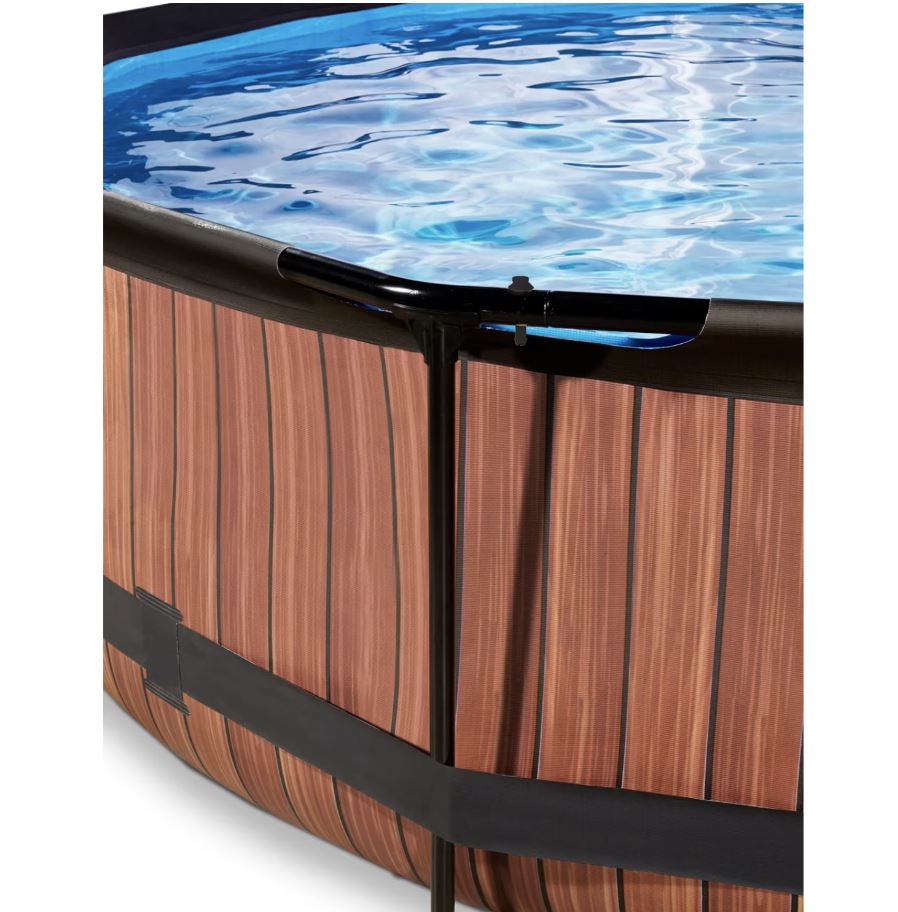 Detaliu lateral piscină gonflabilă cu finisaj imitație lemn