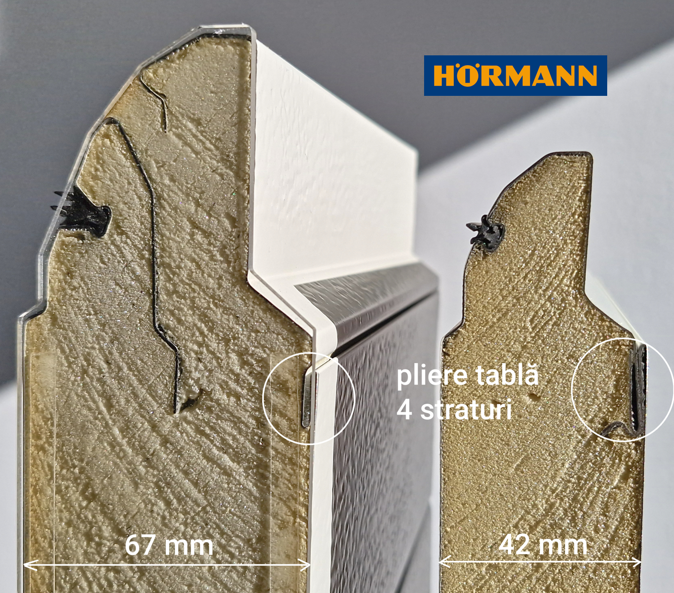 Hörmann, dotare standard – Pliere în 4 straturi a tablei panoului în zona de fixare a șuruburilor balamalelor, pentru stabilitate și durabilitate de top.