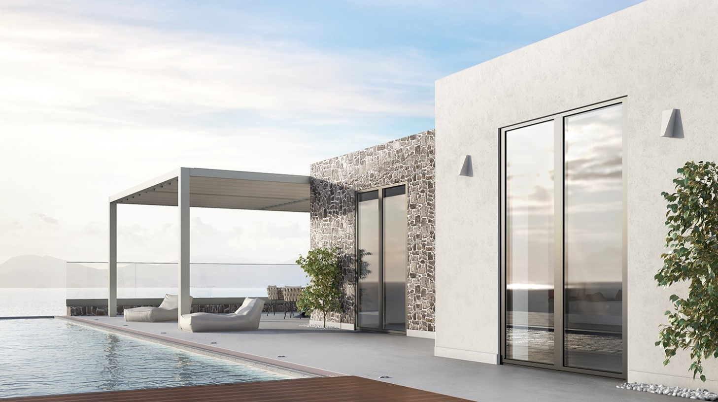 Sistem glisant minimalist din aluminiu pentru o locuință modernă cu terasă, piscină și suprafețe vitrate generoase