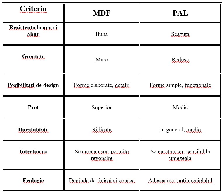 Tabel comparativ al criteriilor de selectie PAL vs MDF