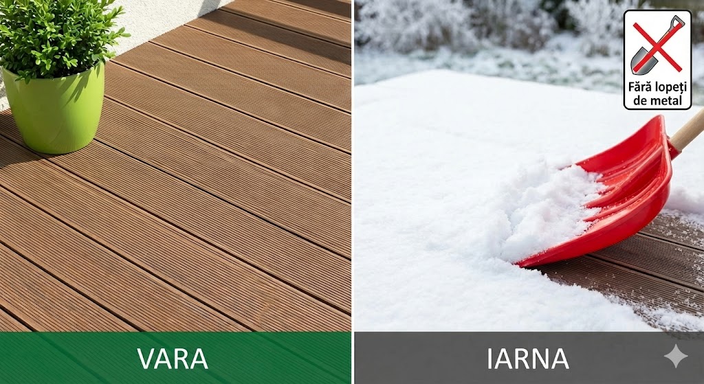 Doua imagini alaturate, care prezinta o terasa WPC vara si iarna: de ce nu recomandam folosirea lopetilor de metal?