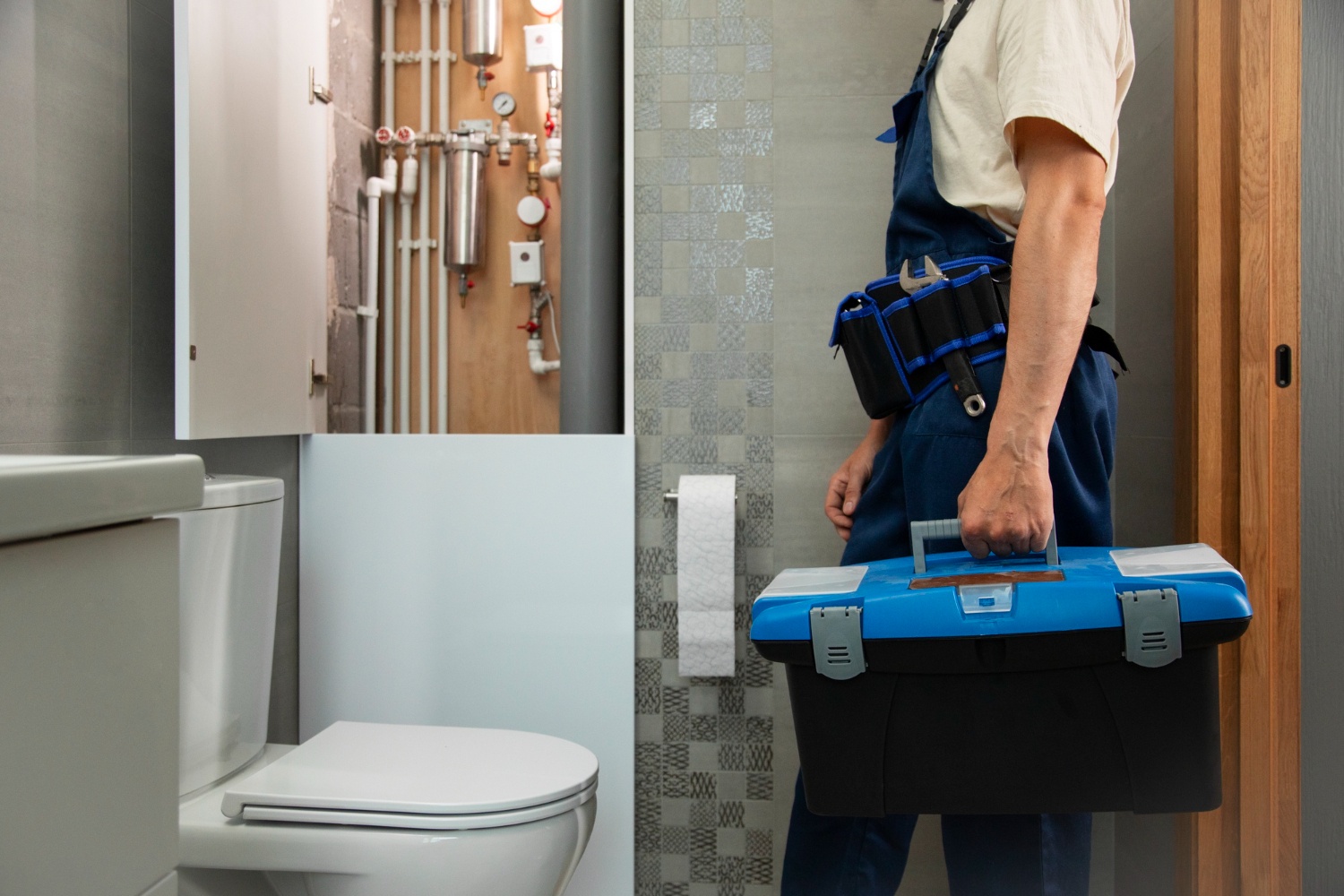 Instalator profesionist cu trusă de scule, pregătit pentru intervenții la instalații sanitare într-o baie din București.