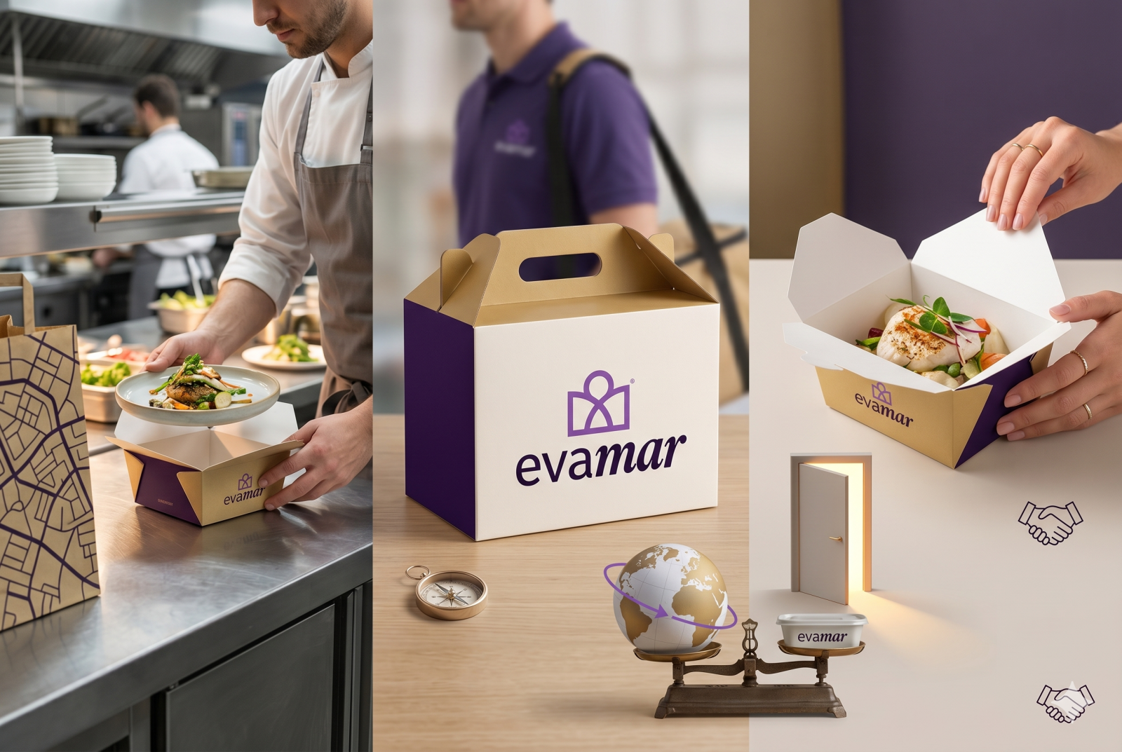 Ambalaje personalizate Evamar pentru fast food și delivery, folosite în bucătărie, transport și servirea preparatelor la client.