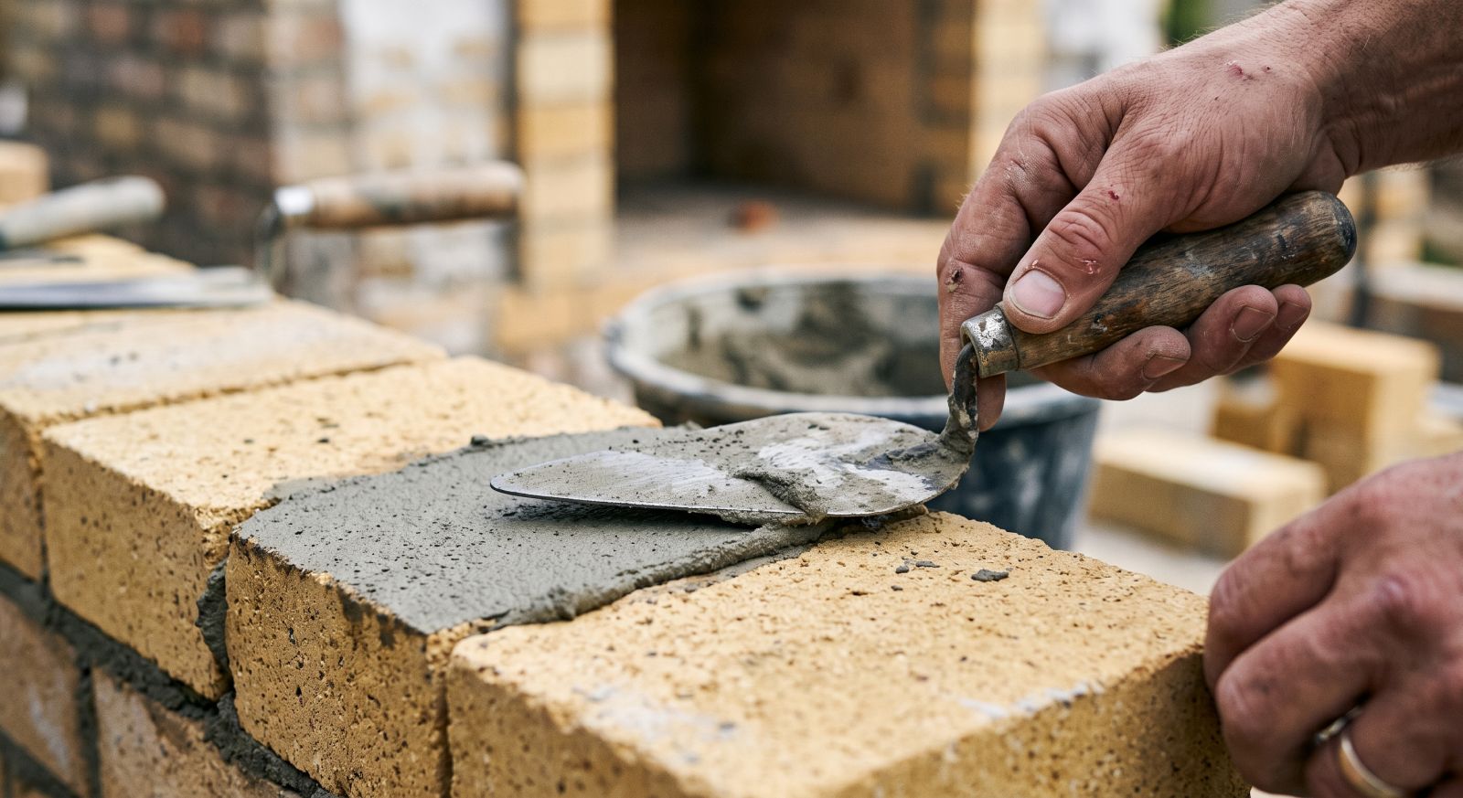 Mistrie aplicând un strat subțire de mortar refractar pe o cărămidă de șamotă pentru focar.