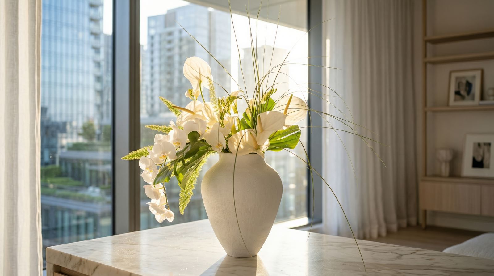Aranjament floral alb într-o vază ceramică într-un apartament modern
