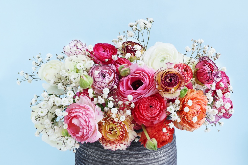 Aranjament floral de primăvară cu ranunculus, flori pastelate și accente delicate albe, potrivit pentru decor elegant de interior