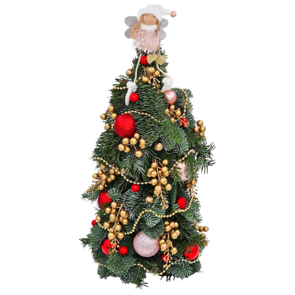 Brăduț de Crăciun din brad natural, decorat cu globuri roșii și aurii și figurină îngeraș.