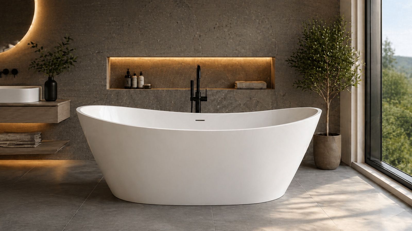 Cadă freestanding albă într-o baie modernă, cu finisaje elegante, lumină naturală și design minimalist.