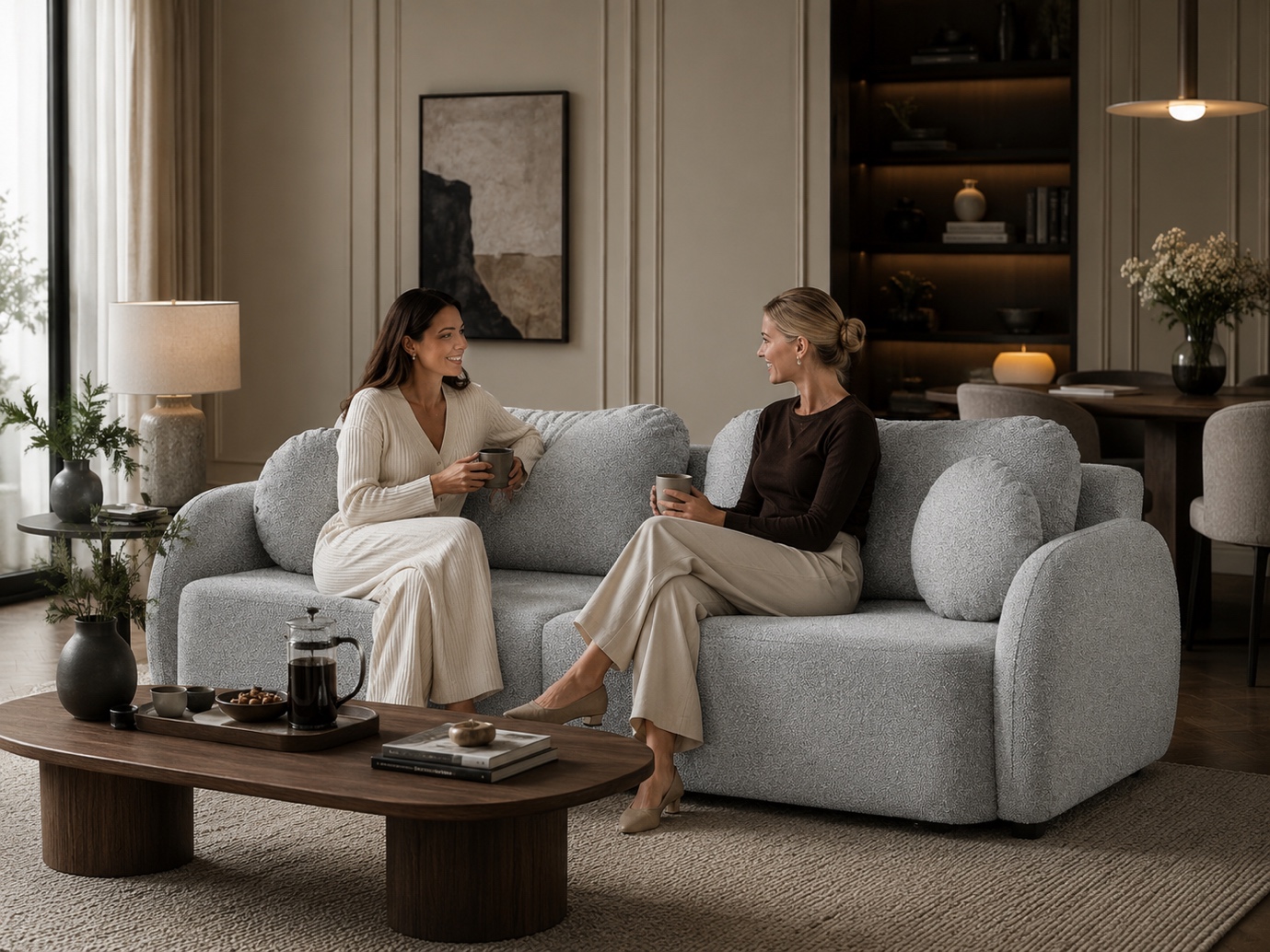 Canapea gri texturată într-un living modern, amenajată pentru relaxare și conversație, cu masă joasă din lemn și decor cald.