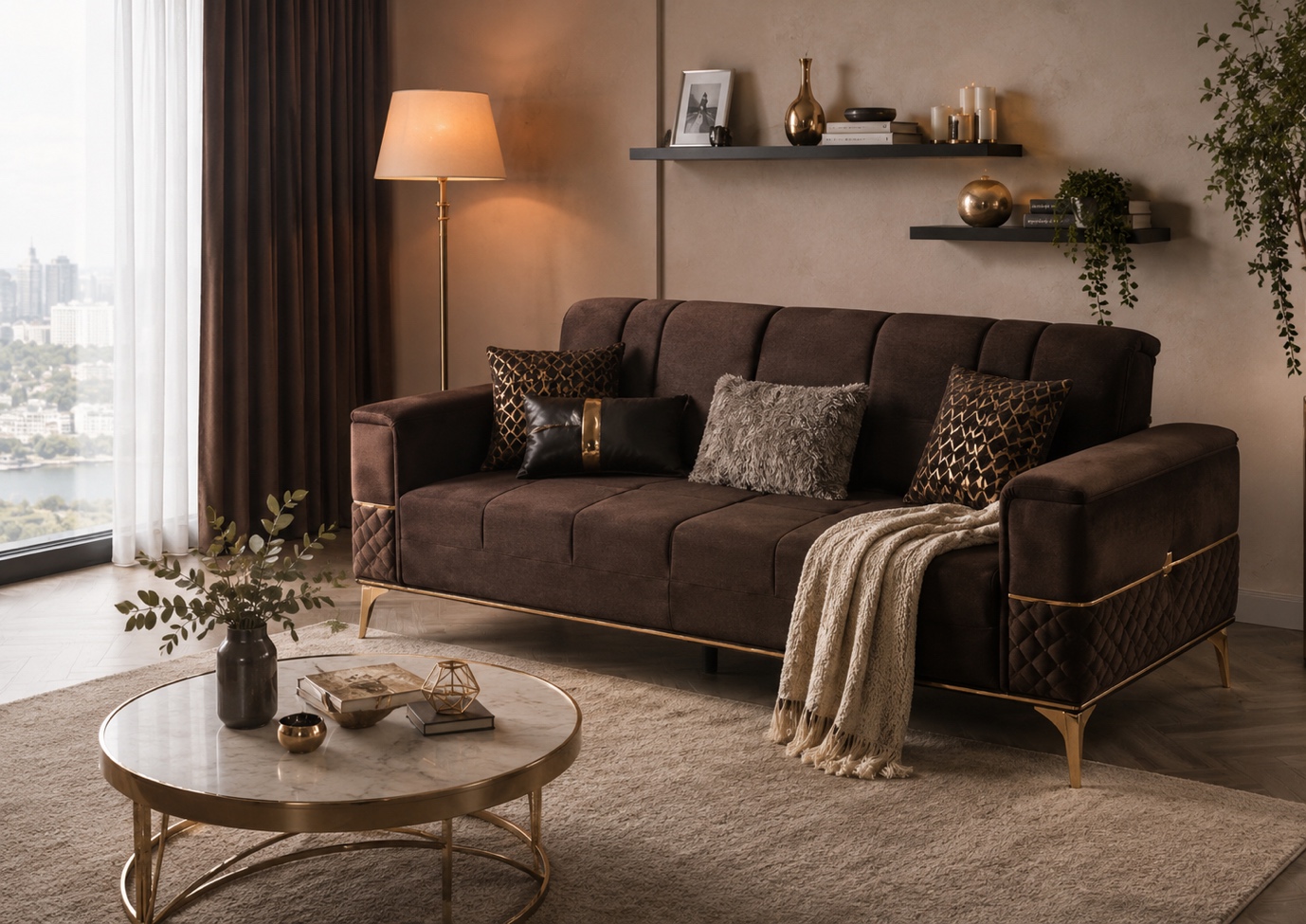 Canapea maro elegantă într-un living modern, cu perne decorative, pled, măsuță rotundă și accente aurii pentru o amenajare caldă și rafinată.