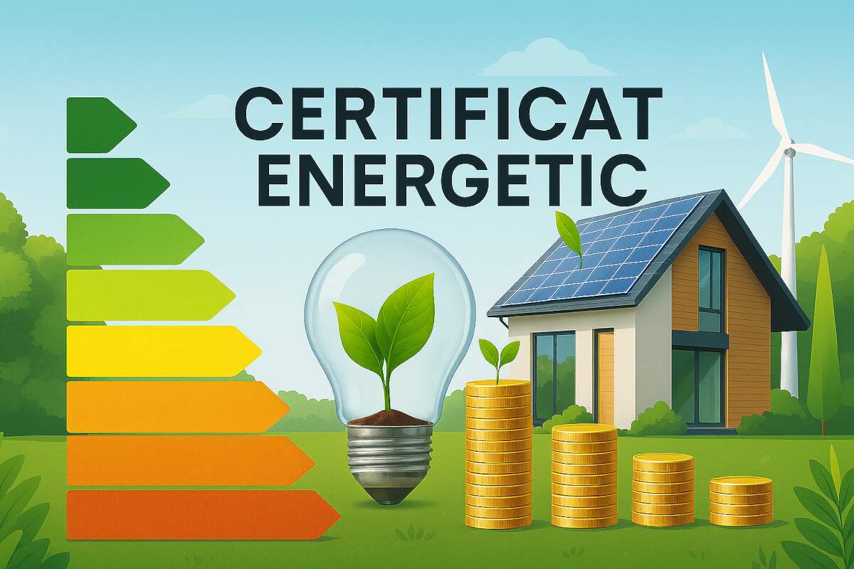 Ilustrație cu certificat energetic, casă eficientă energetic, panouri solare, bec verde și scară de clasificare energetică pentru locuințe.