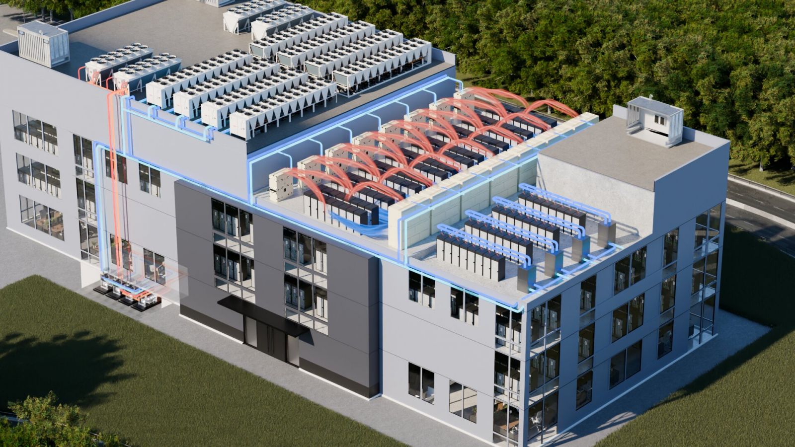 Arhitectură integrată Clivet pentru centru de date — sistem hidraulic cu circuit rece (albastru) și circuit cald (roșu), chillere pe acoperiș și rack-uri IT în interior