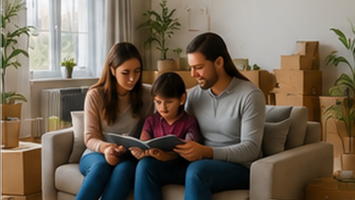 Familie care analizează compartimentarea casei înainte de cumpărarea unei locuințe în Sibiu