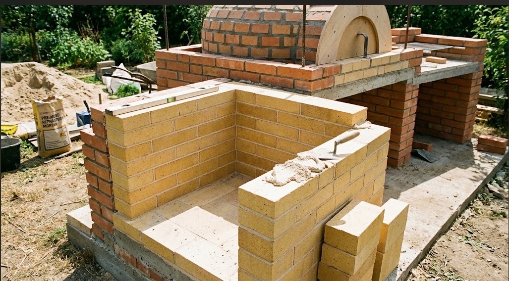 Focarul unui grătar de grădină în construcție, zidit din cărămizi de șamotă cu îmbinări fine de mortar refractar.