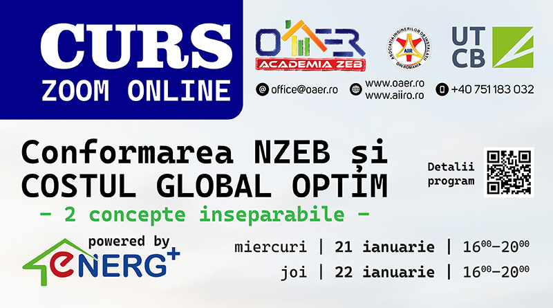 Curs online pentru auditori energetici – Conformarea NZEB și costul global optim, organizat de Academia ZEB în colaborare cu OAER.