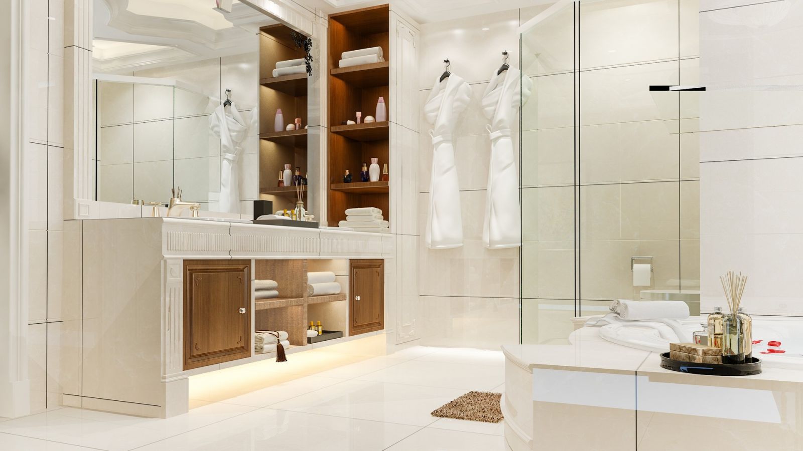 Baie amenajată modern cu gresie porțelanată CESAROM în nuanțe deschise, exemplu de design interior unitar și elegant.