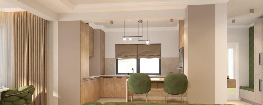 Design interior bucătărie modernă în Iași, realizată de RA Design – spațiu open space cu mobilier din lemn natural și accente contemporane