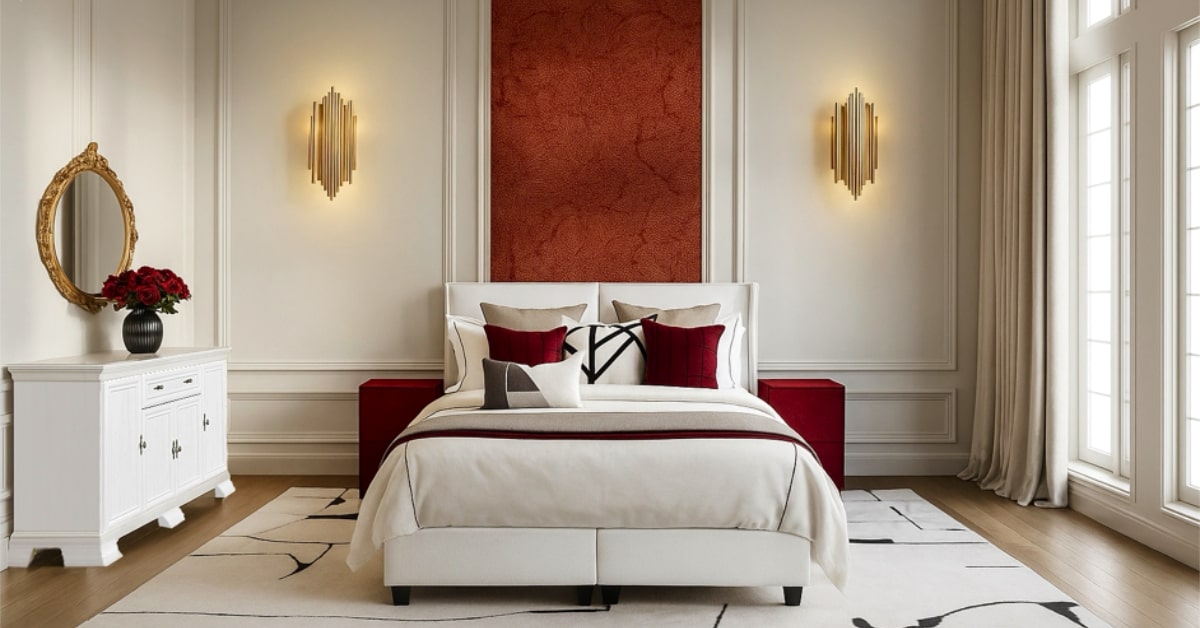 Dormitor elegant cu noptieră roșie, pat tapițat deschis la culoare și accente aurii, concept inspirat din „Teoria Roșului Neașteptat” de la Mobila ABC