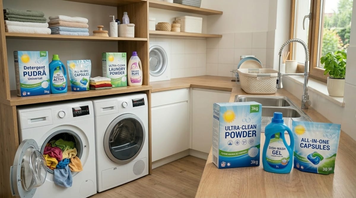 Imagine cu detergenti branduri inlocuite de inteligenta artificiala, pentru magazin specializat  homemart