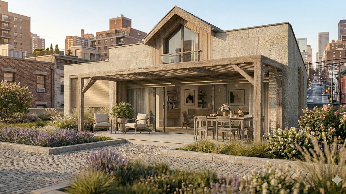Casă modernă cu terasă protejată, pergolă, rulouri și geamuri glisante Comfortex pentru un spațiu exterior luminos și confortabil.