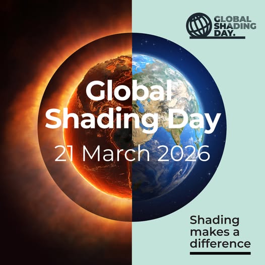Planeta ilustrată în contrast termic, alături de mesajul Global Shading Day 2026, sugerând rolul soluțiilor Somfy de umbrire inteligentă în răcirea pasivă a locuințelor.