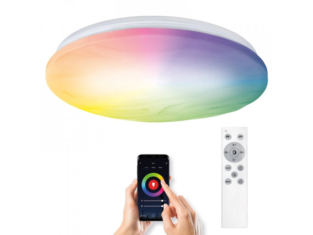 Plafonieră cu luminat LED inteligent RGB, controlată din aplicație mobilă și telecomandă, pentru integrare ușoară într-un sistem smart home.