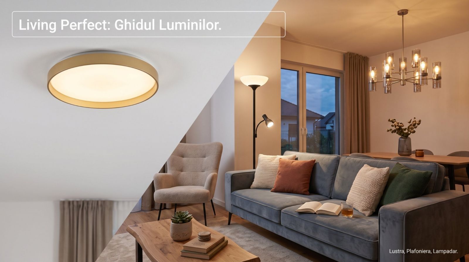 Amenajare de living cu plafonieră circulară, candelabru deasupra mesei și lampadar lângă canapea