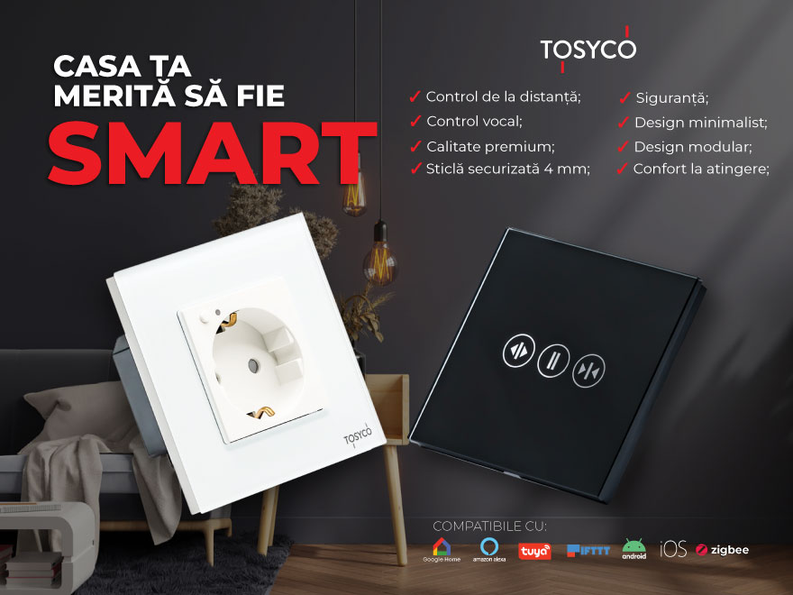 Întrerupătoare cu touch din sticlă și priză modernă TOSYCO, pentru locuință smart, cu design minimalist și compatibilitate cu sisteme inteligente.