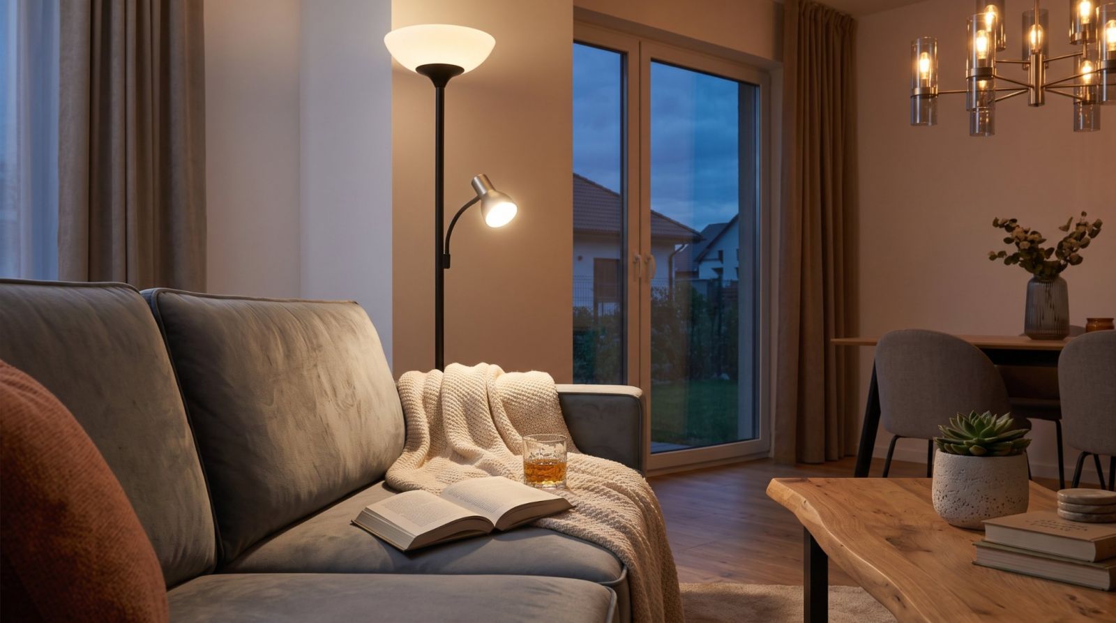 Lampadar negru cu lumină orientabilă pentru citit și lumină ambientală lângă canapeaua din living
