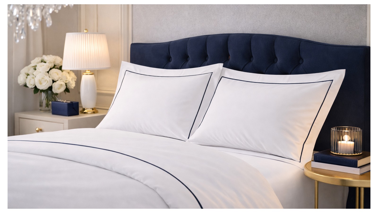 Pat matrimonial cu lenjerie albă cu bordură bleumarin, tăblie tapițată și decor elegant de dormitor.