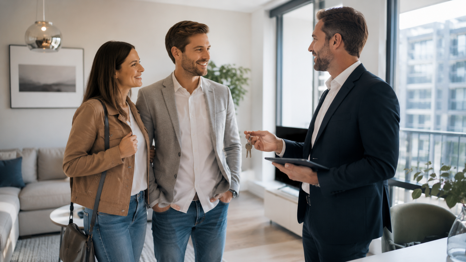 Consultant imobiliar oferind cheile unei locuințe unui cuplu interesat de servicii de management imobiliar.