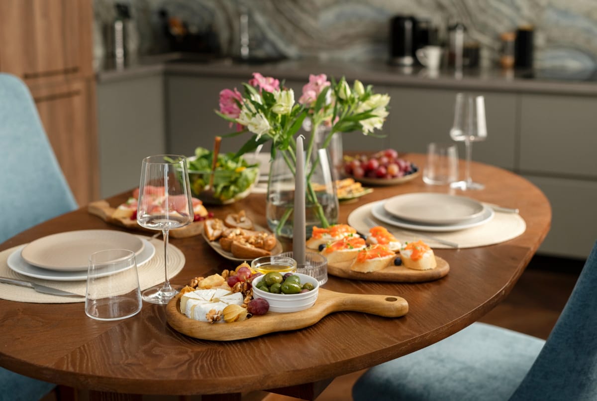 Masă extensibilă din lemn pentru dining modern, integrată în living contemporan, cu design elegant și finisaj premium WoodMood