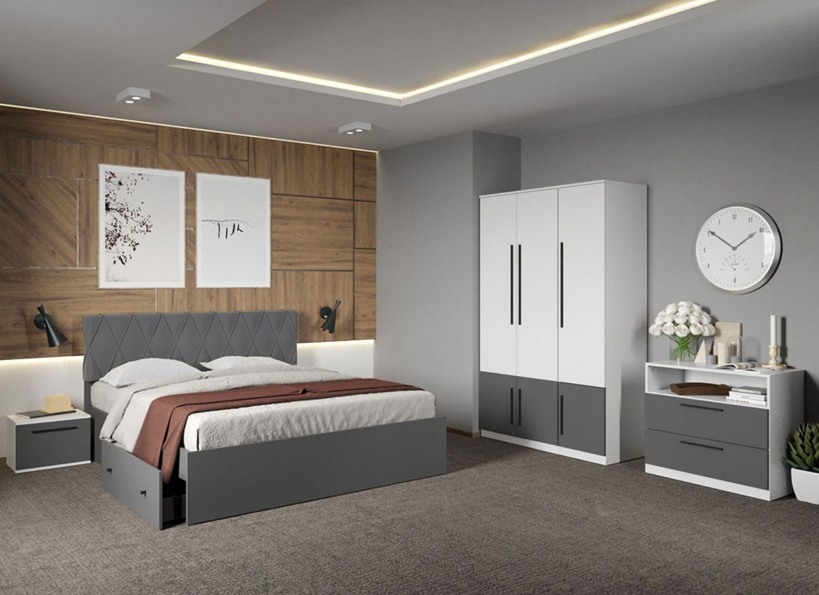 Dormitor modern cu pat tapițat și noptiere elegante, mobilier minimalist în nuanțe de gri și lemn