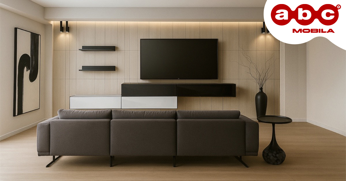 Canapea modernă, mobilier modular suspendat și măsuță de cafea minimaliste în living, colecție Mobila ABC