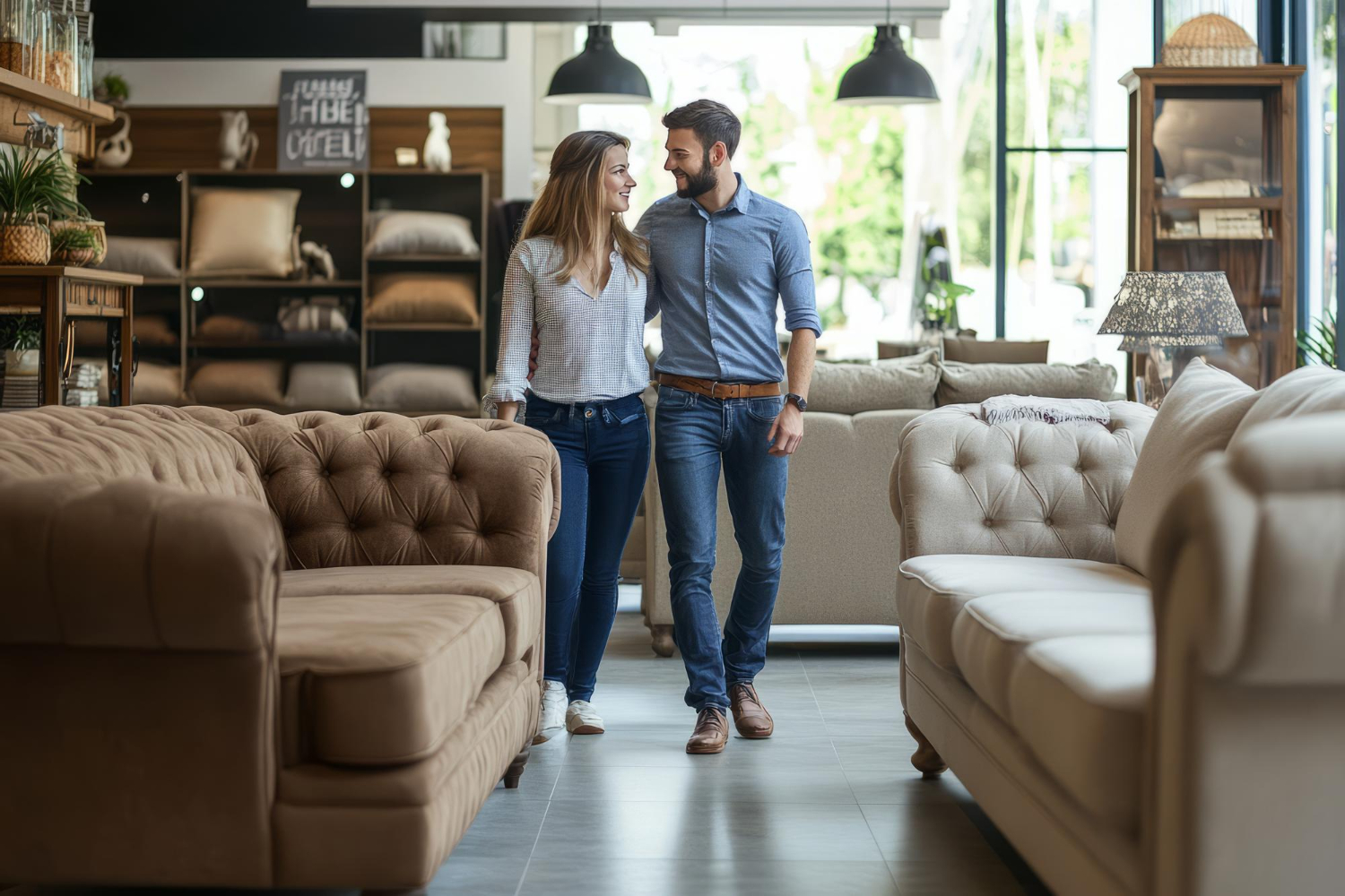 Cuplu care alege mobilier pentru casa nouă într-un magazin de mobilă
