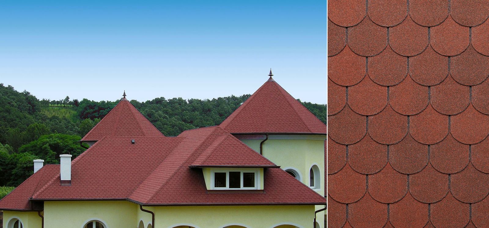 Acoperiș complex cu șindrilă bituminoasă TEGOLA UNICA Traditional, cu solzi rotunjiți cărămizii
