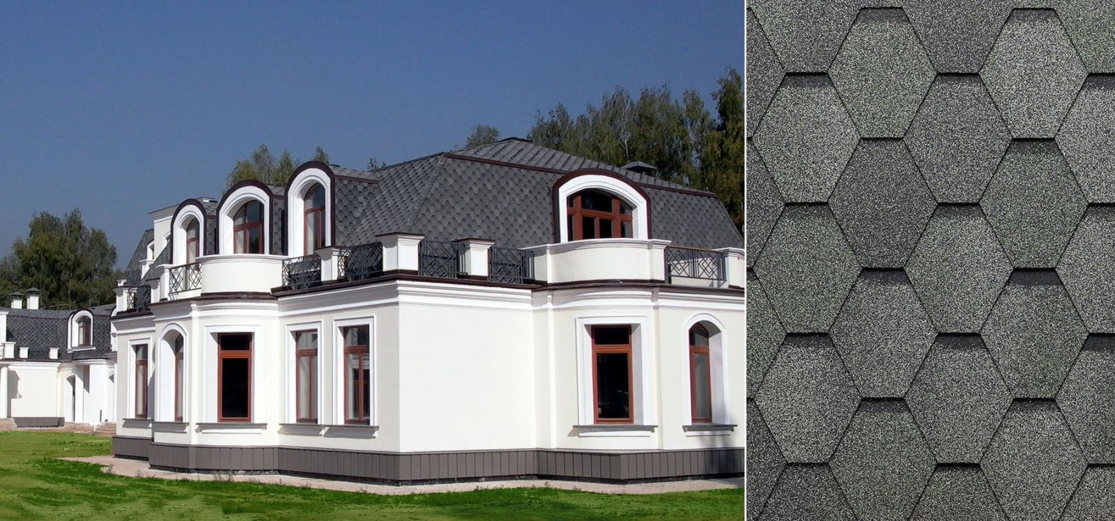 Acoperiș clasic cu șindrilă bituminoasă TEGOLA UNICA Mosaik, model hexagonal gri