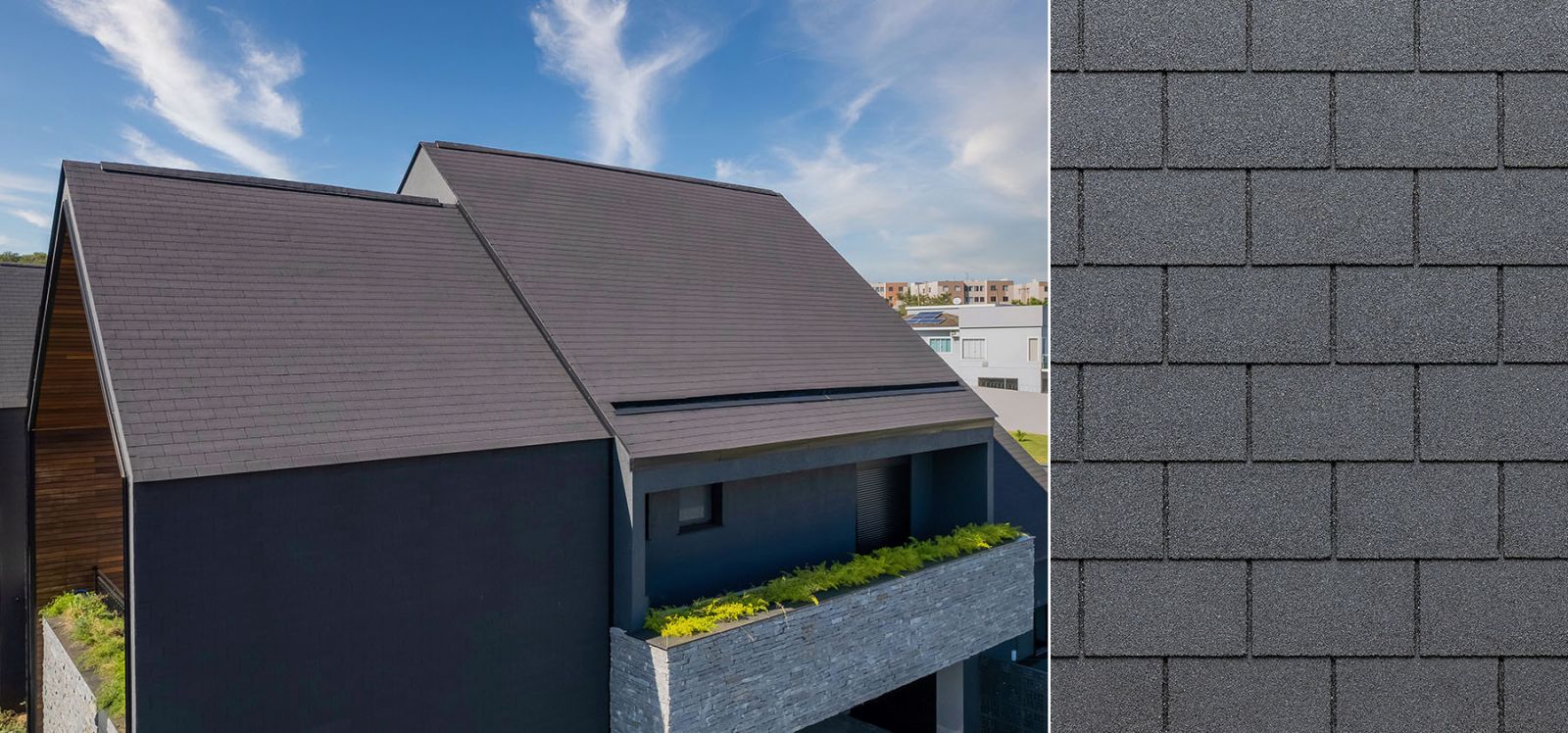 Casă contemporană cu șindrilă bituminoasă TEGOLA UNICA Rectangular, în nuanță gri închis