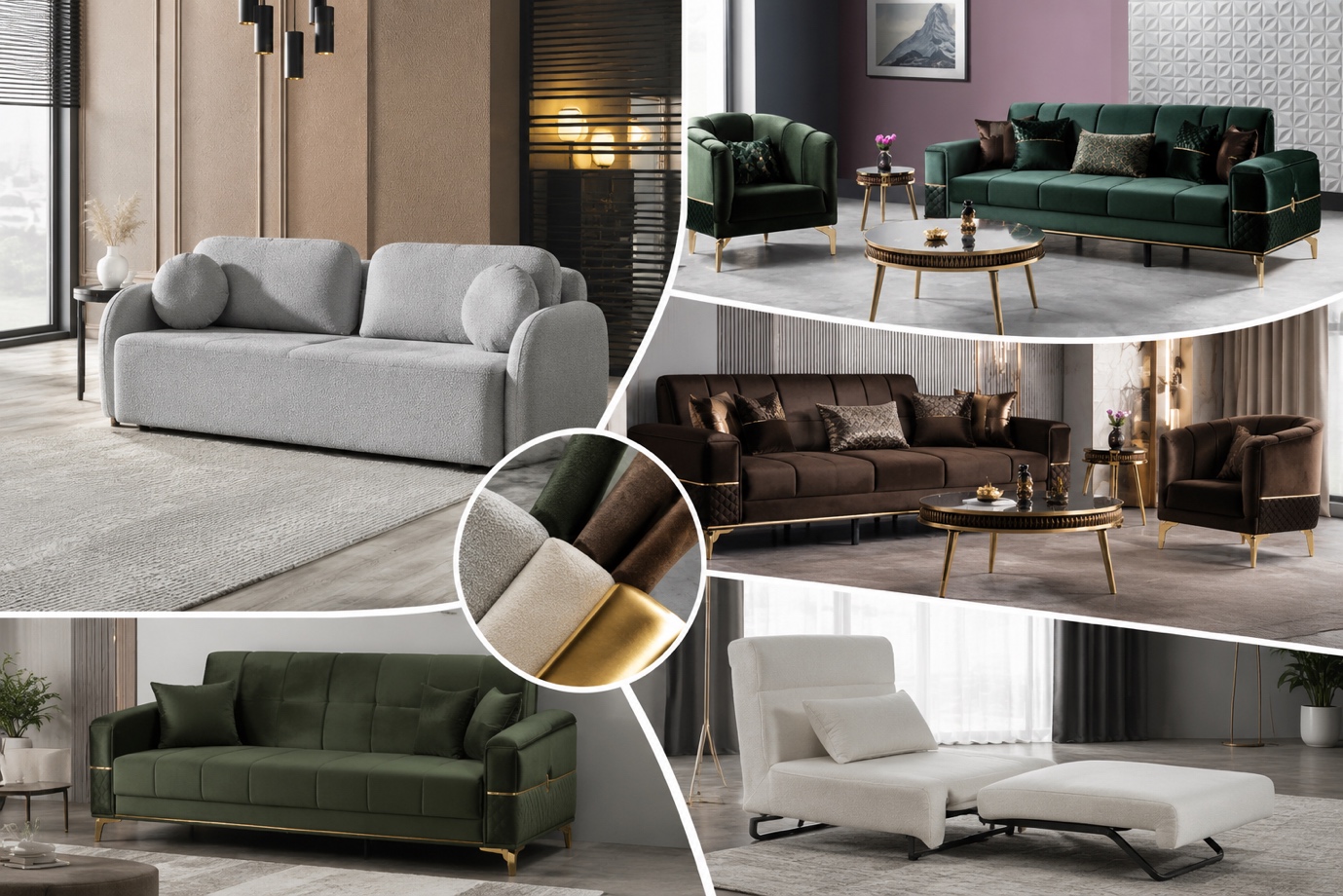 Colaj cu modele de canapele și fotolii pentru living, în nuanțe de gri, verde, maro și crem, potrivite pentru amenajări moderne și elegante.