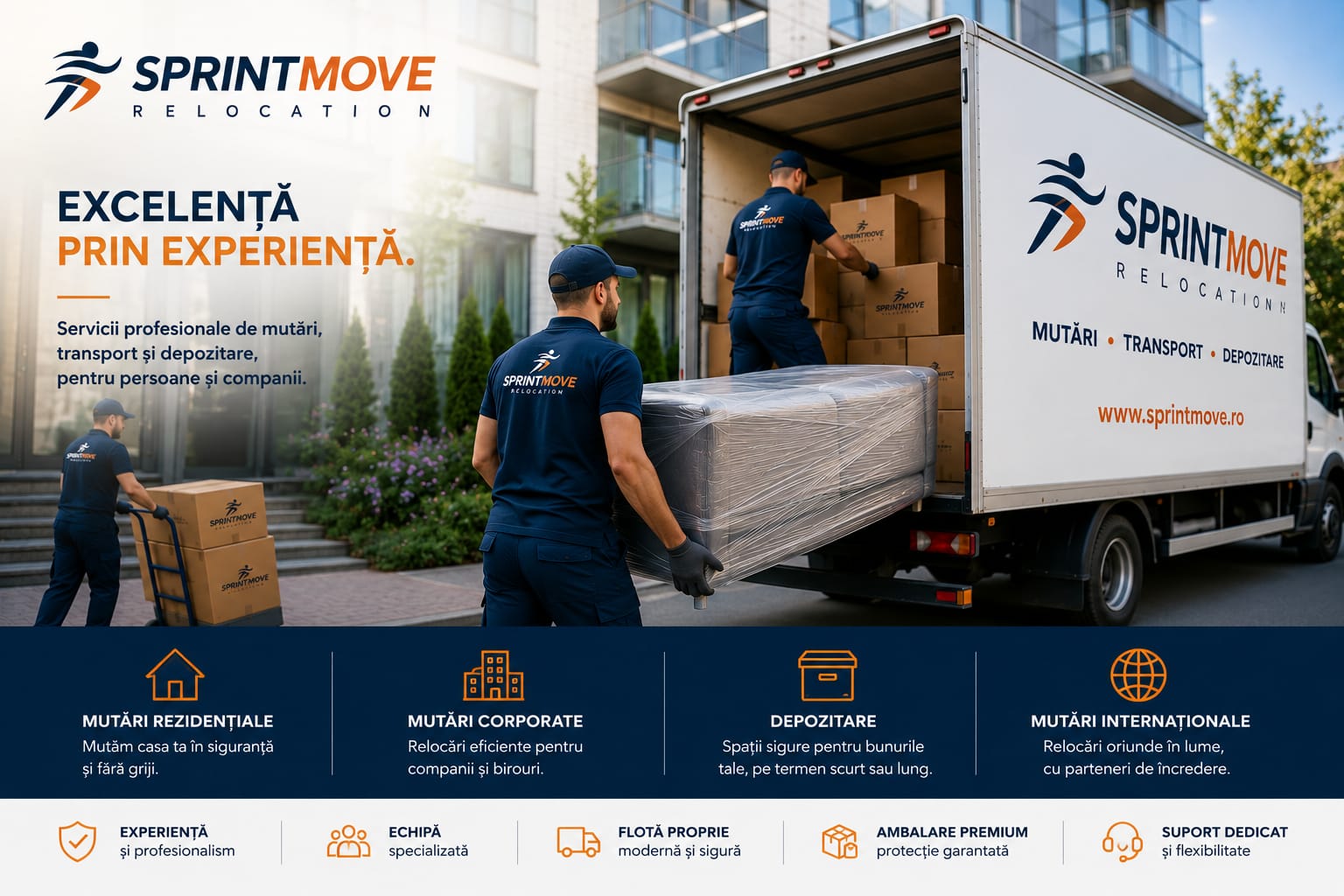 Echipă SprintMove care transportă mobilier ambalat și cutii într-un camion pentru servicii profesionale de mutări și depozitare în București.