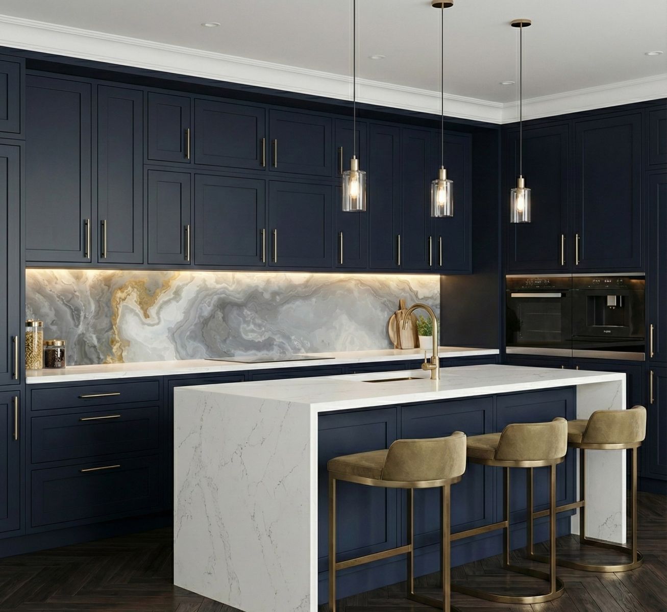 Panou din sticlă imprimată Tulup, model onix albastru-auriu, montat într-o bucătărie modernă cu mobilier bleumarin și insulă cu blat alb.