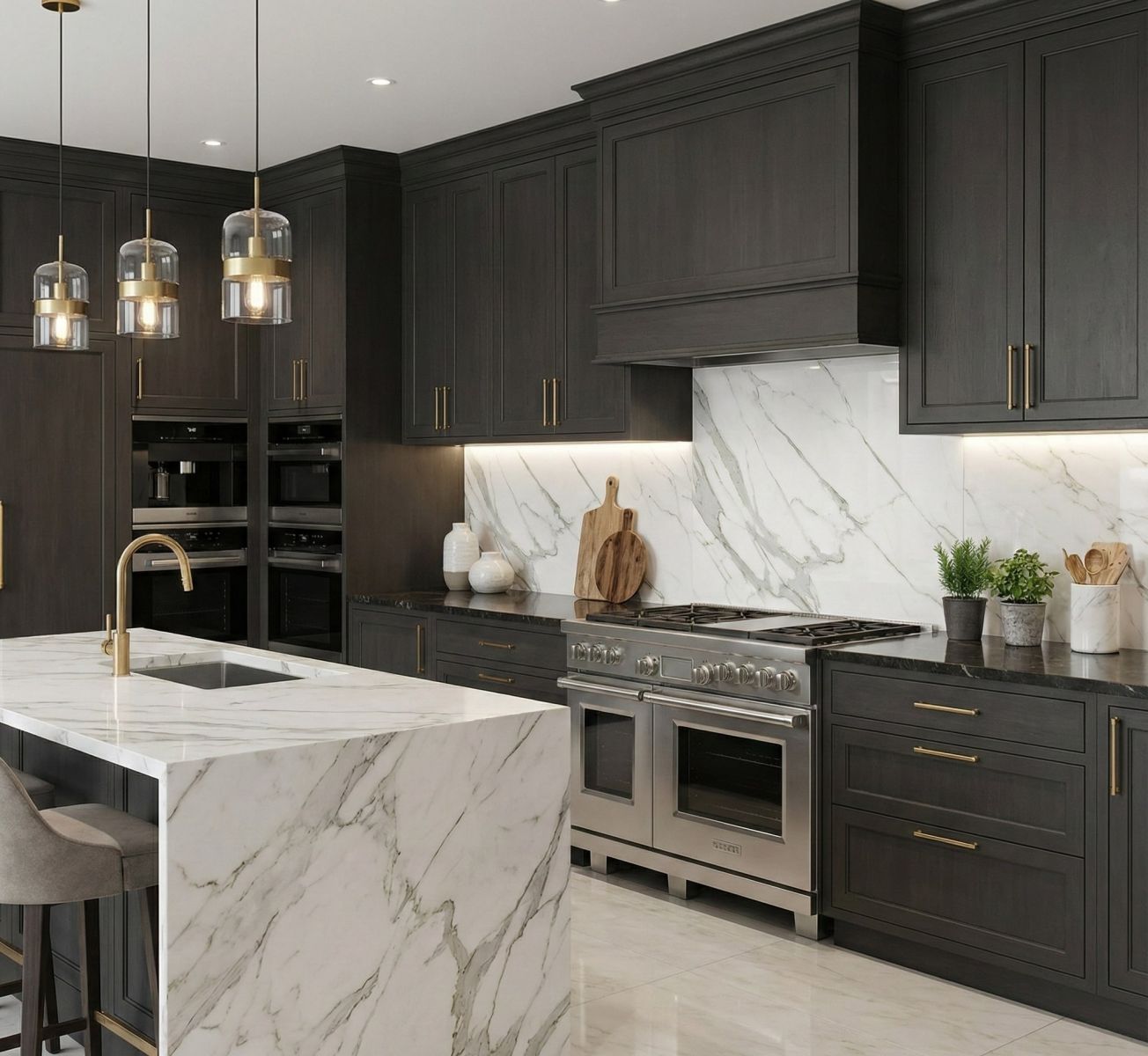 Panou din sticlă imprimată Tulup, model marmură, integrat într-o bucătărie modernă cu mobilier închis la culoare și insulă cu blat alb.