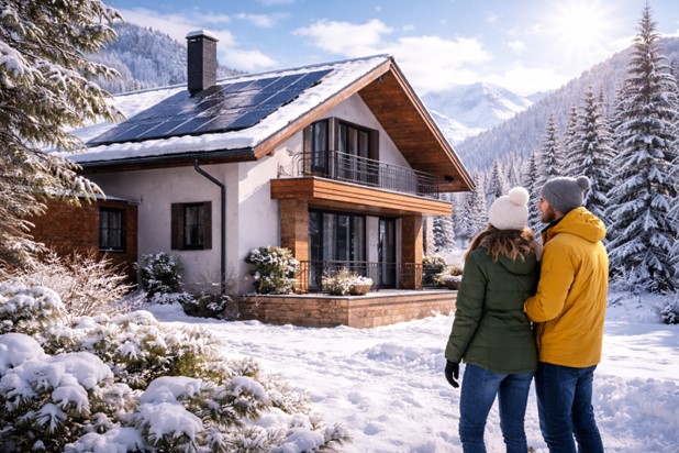 Casă echipată cu panouri fotovoltaice iarna, sistem rezidențial care produce energie solară eficient chiar și la temperaturi scăzute