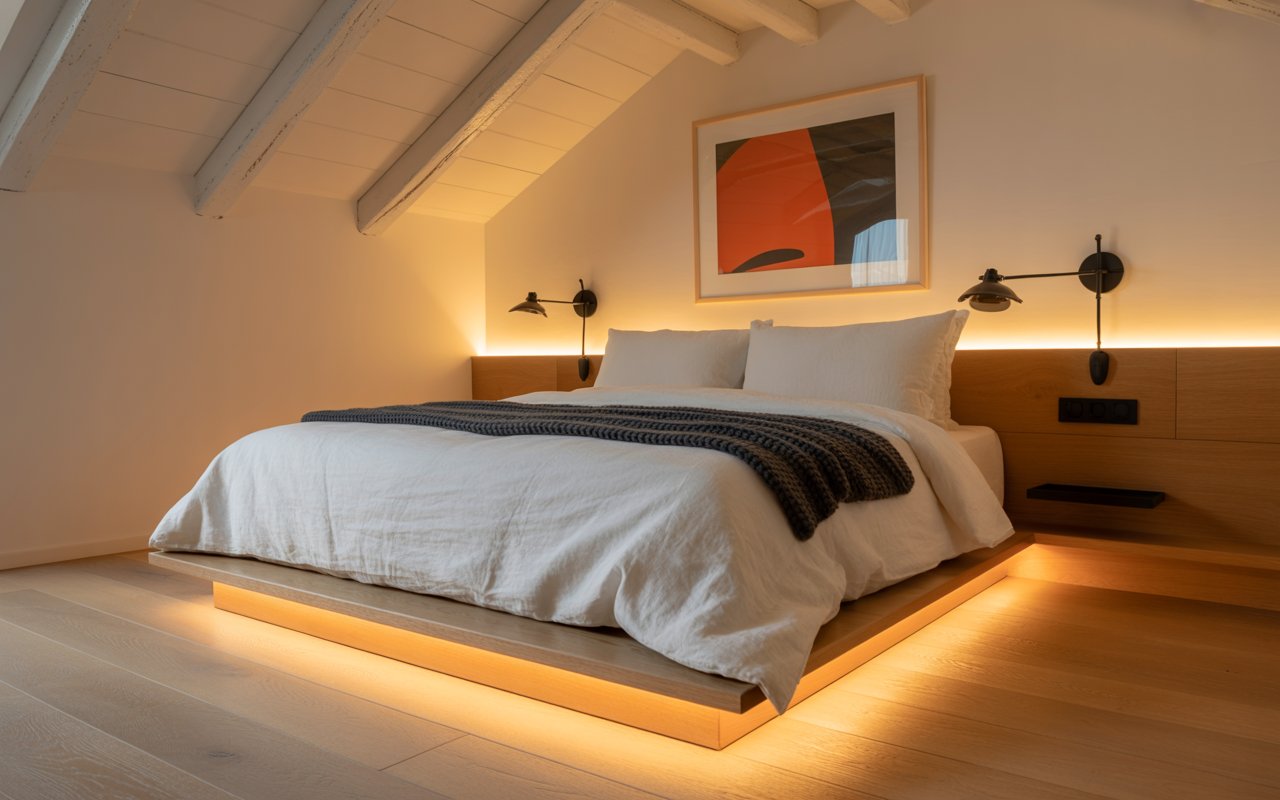 Pat matrimonial cu iluminare LED integrată – exemplu de design elegant și funcțional pentru dormitor
