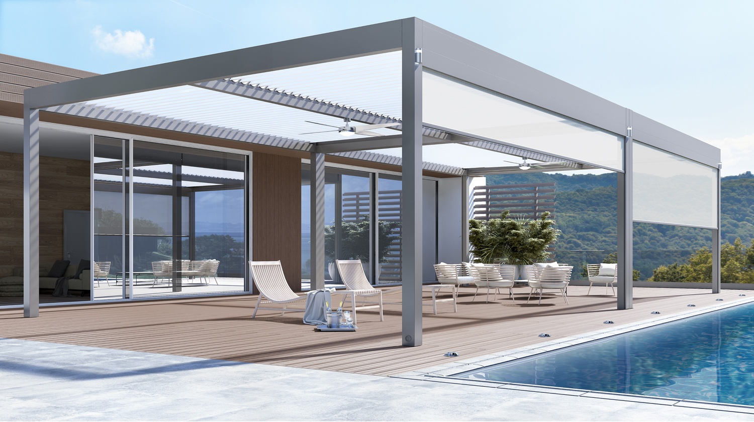 Pergolă bioclimatică Alumil modernă, amenajată într-o terasă elegantă cu mobilier de exterior.