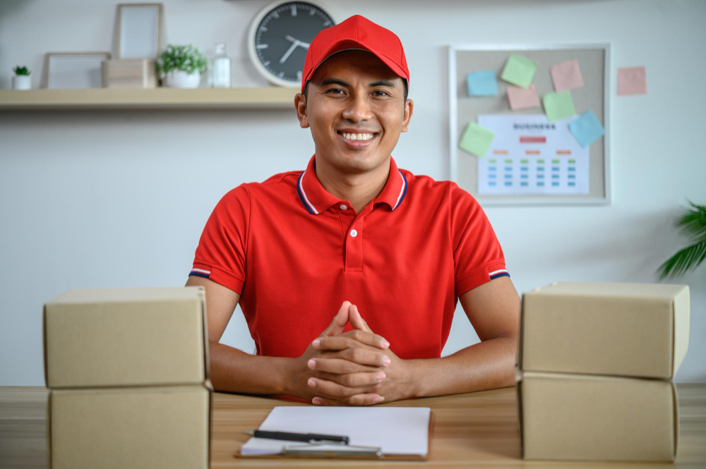 Angajat în uniformă roșie, așezat la o masă cu colete, imagine ilustrativă pentru activități de depozit și logistică.