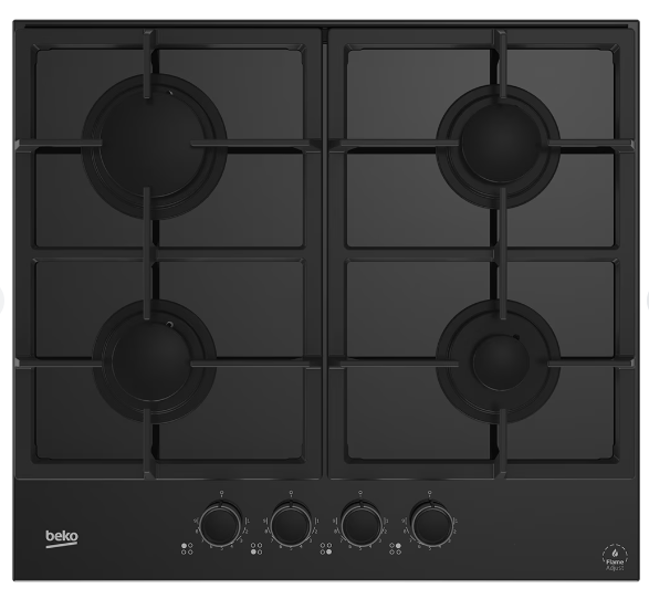 Plită incorporabilă Beko pe gaz, cu finisaj negru și patru arzătoare, recomandată pentru bucătării moderne de mici dimensiuni.
