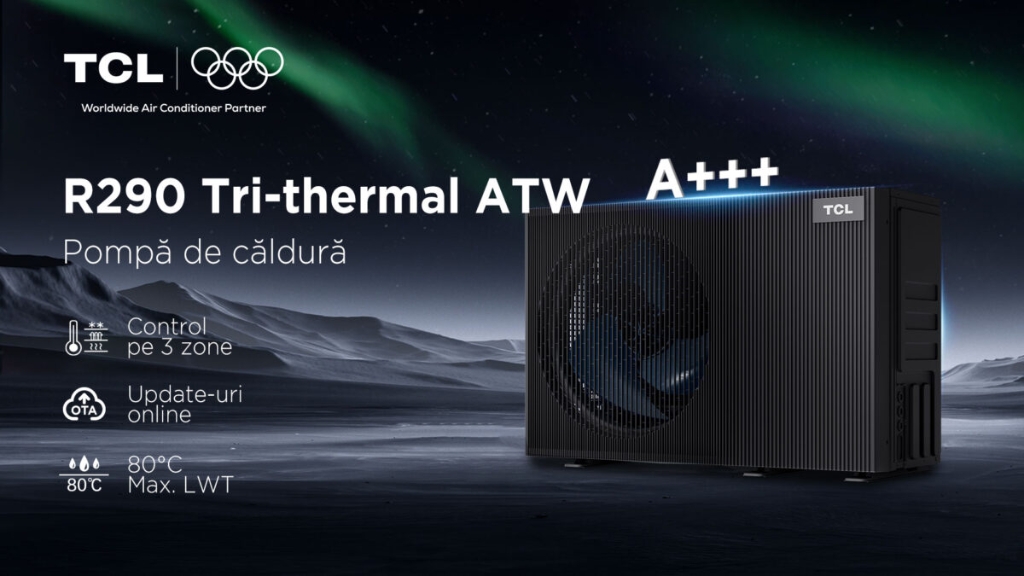 Pompa de căldură aer-apă TCL R290 Tri-Thermal ATW, unitate exterioară pentru sisteme moderne de încălzire, răcire și apă caldă menajeră.