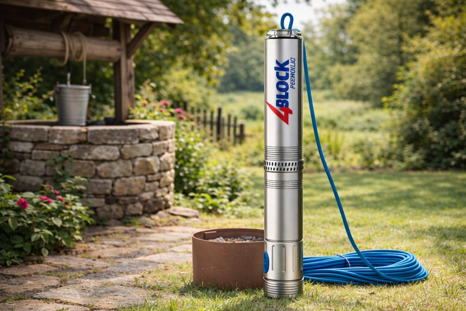 Pompă submersibilă pentru apă curată, amplasată lângă o fântână, sugestiv pentru diagnosticarea problemelor de alimentare cu apă în gospodărie.